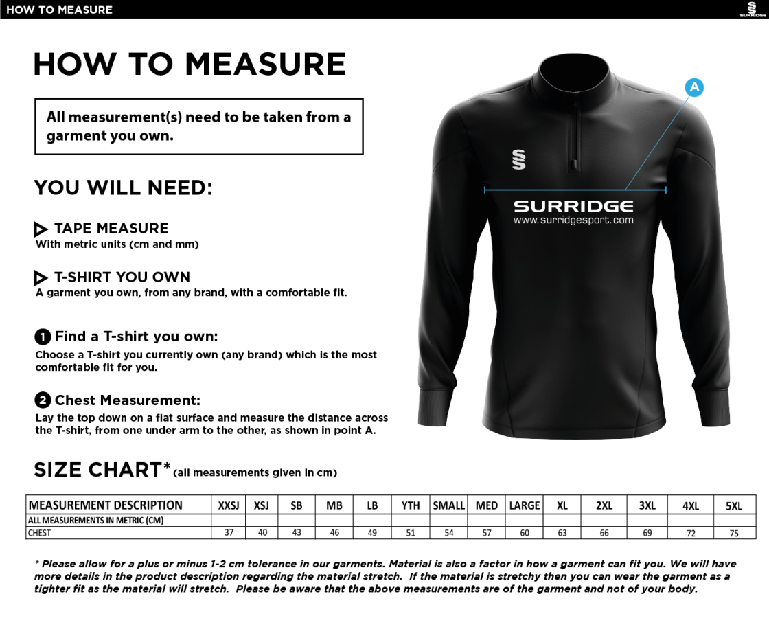 Haslingden St Marys FC - Blade Performance Top - Black Emerald White - Size Guide