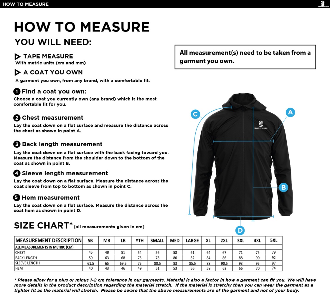 Haslingden St Marys FC Training Jacket Black - Size Guide