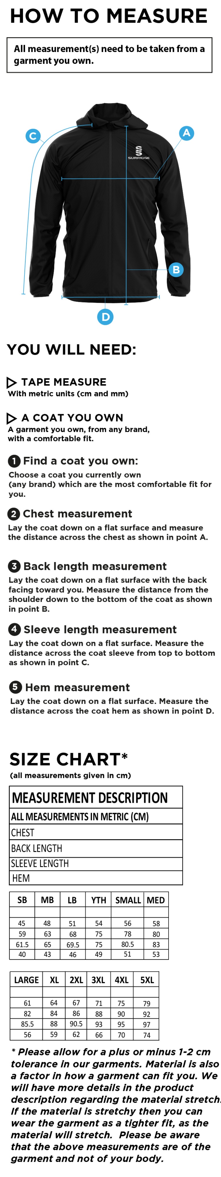 Haslingden St Marys FC Training Jacket Black - Size Guide