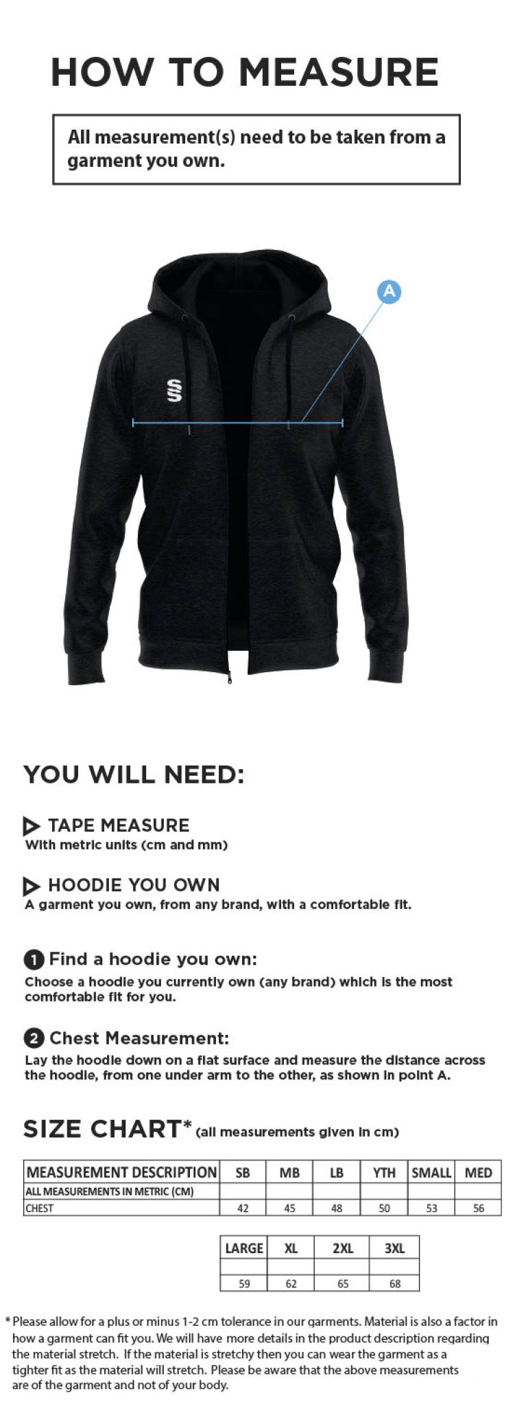 Haslingden St Marys FC Dual Full Zip Hoody - Size Guide