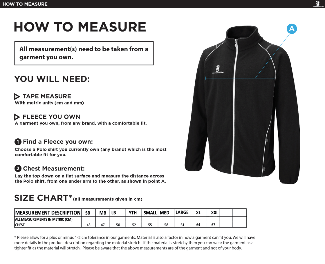 Haslingden St Marys FC - Black Curve Fleece - Size Guide