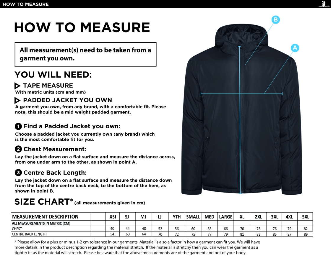 Active Padded Jacket - Black - Size Guide