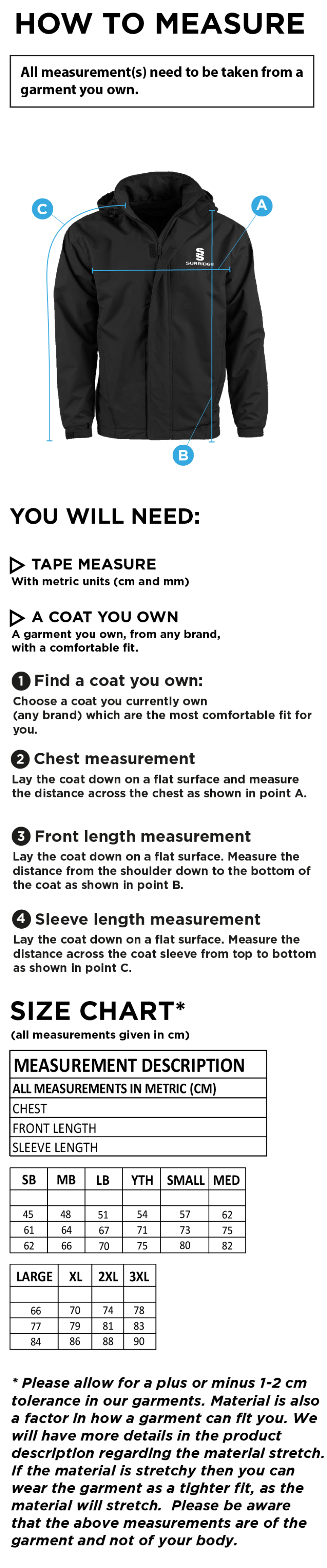 Haslingden St Marys FC - Fleece Line Jacket - Size Guide