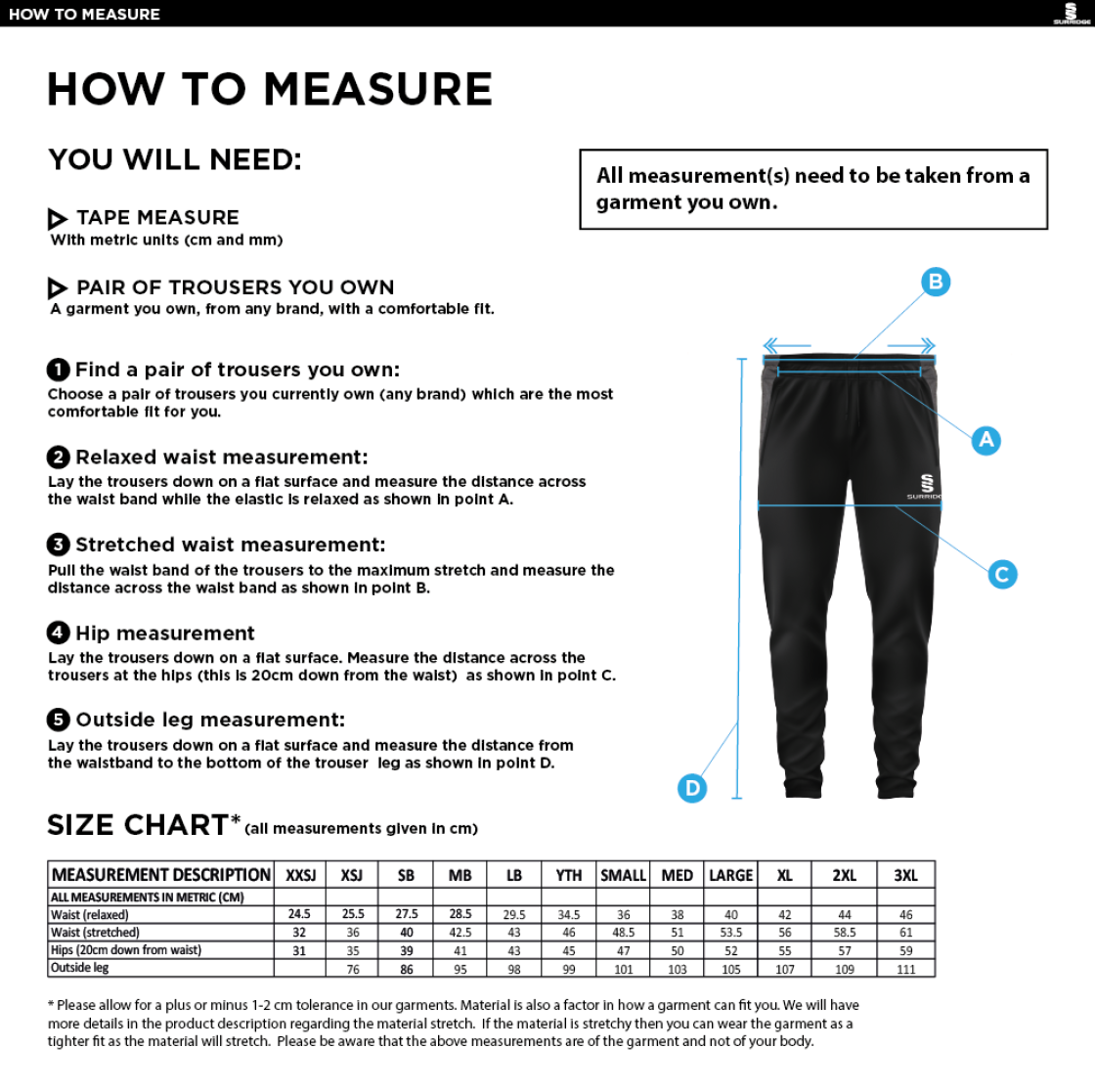 Haslingden St Marys FC - Tek Slim Training Pants - Size Guide