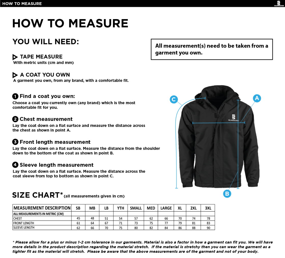 Haslingden St Marys FC - Fleece Line Jacket - Size Guide
