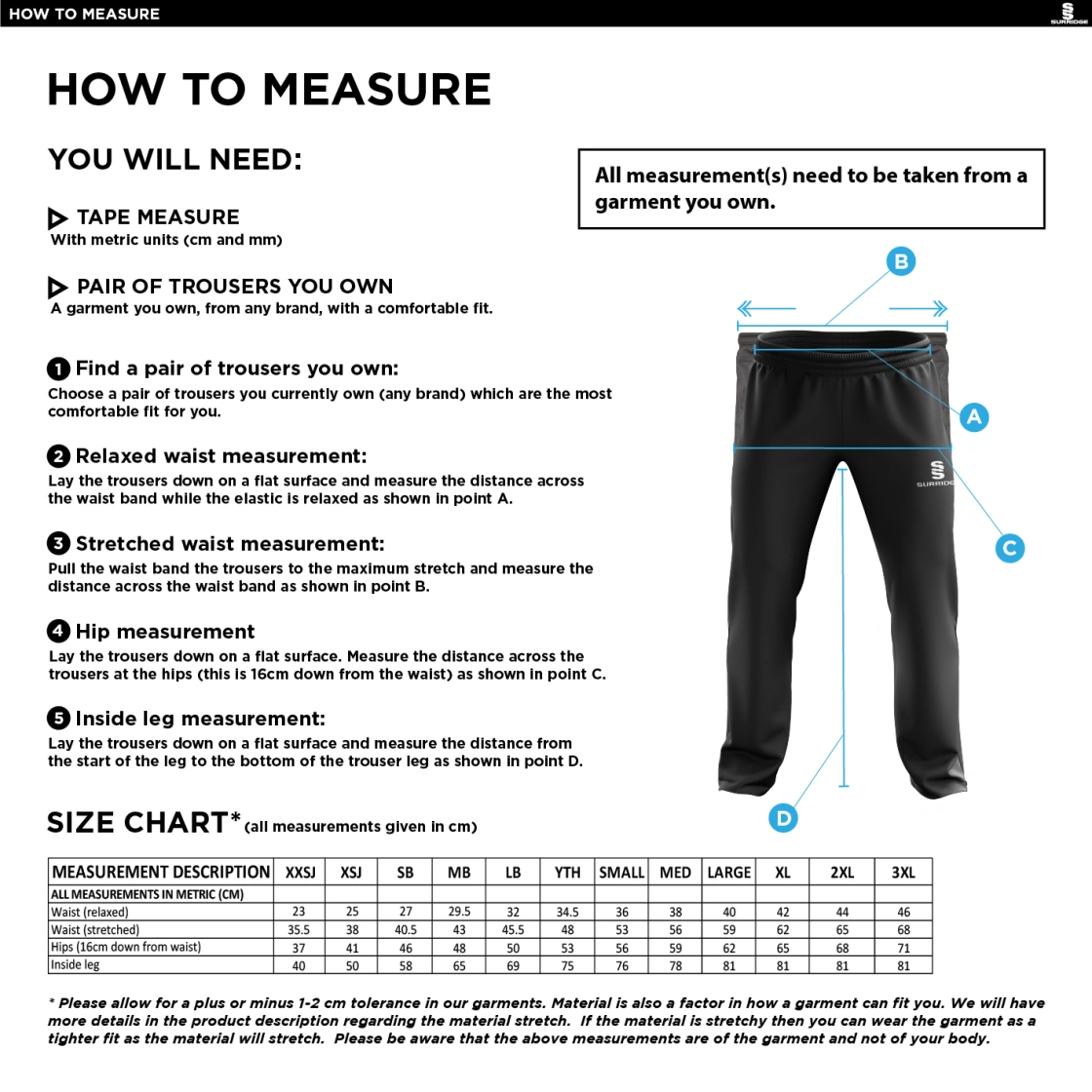 Haslingden St Marys FC Poplin Track Pant Black - Size Guide
